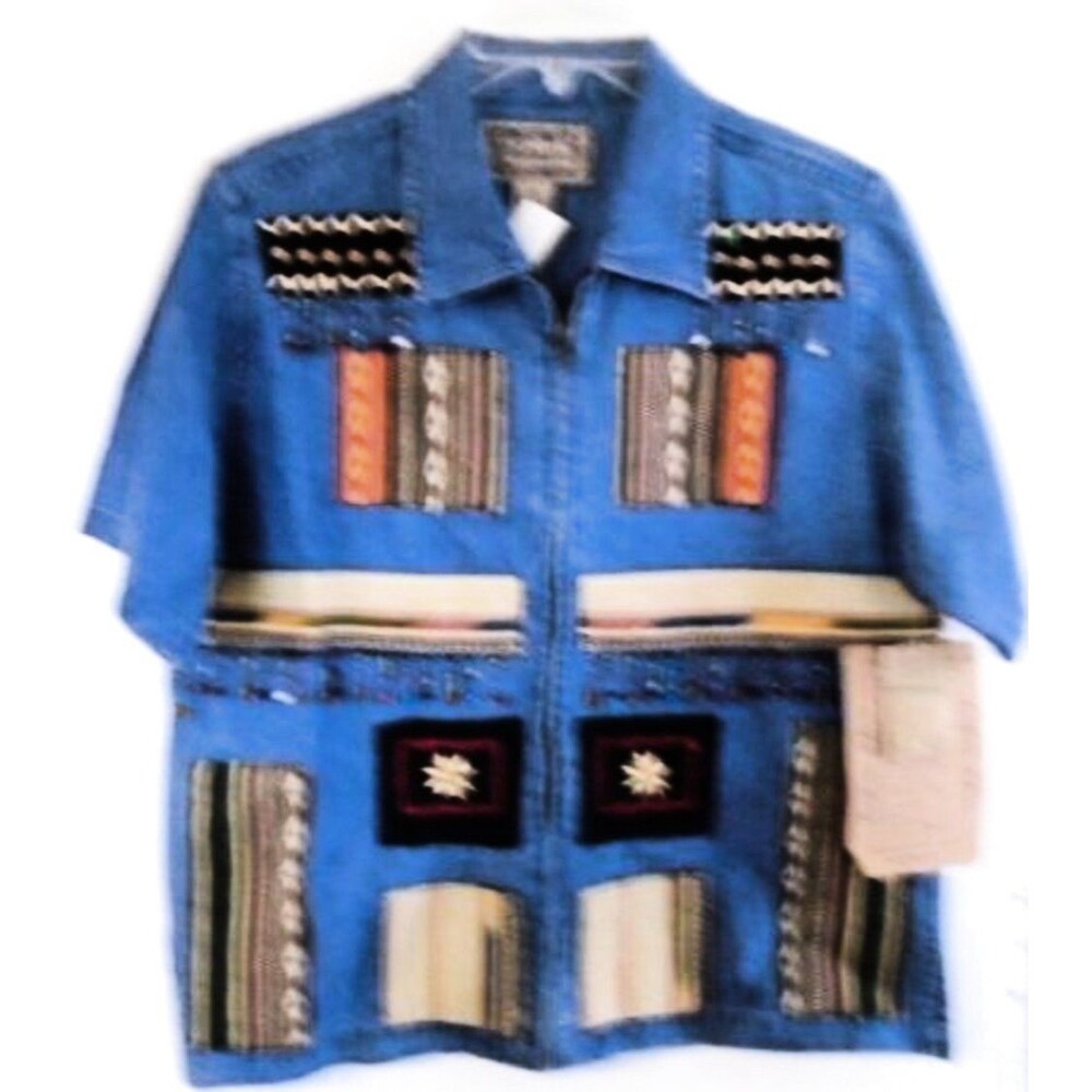 WOMEN'S TOP Zipper Front Shirt Jcket Denim Beads Patchwork Medium Southwest NWT